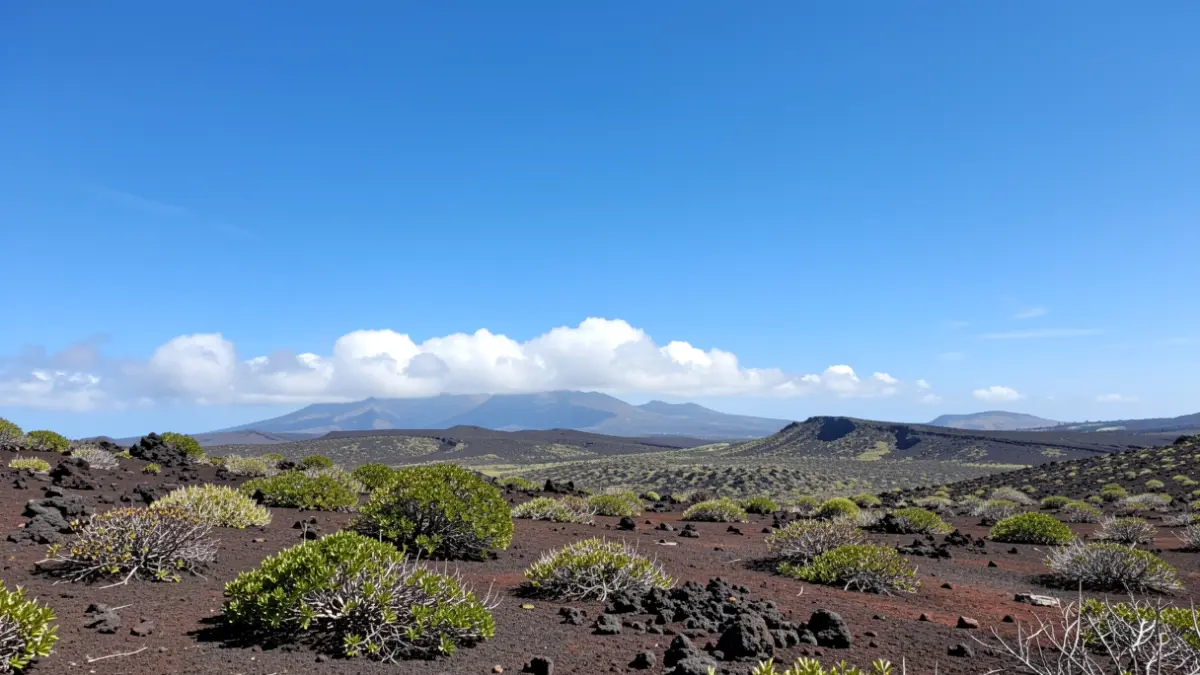 Sunny sky with some clouds over a Canarian volcanic landscape.