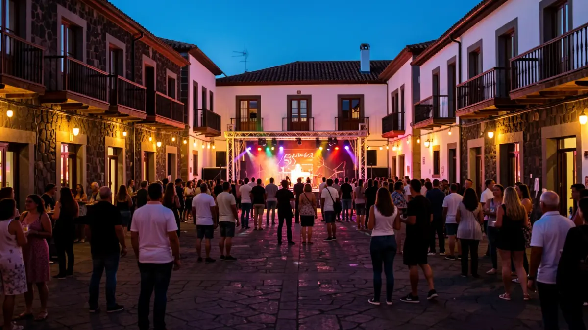 Generic image of a Canarian plaza illuminated at night, with silhouettes of people and traditional architecture.