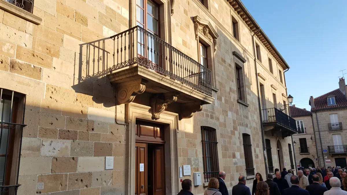Fachada genérica de un ayuntamiento tradicional canario con balcón ornamentado y barandillas de hierro, luz cálida de la tarde.