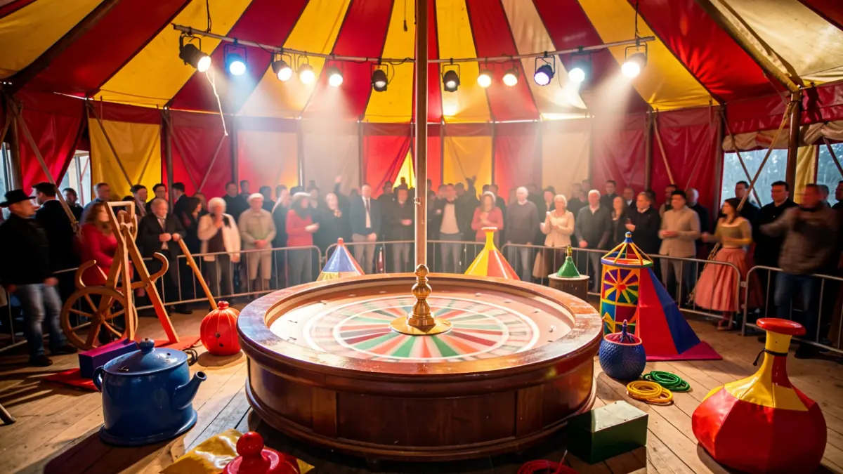 Imagen de un espectáculo de circo con una ruleta y público.