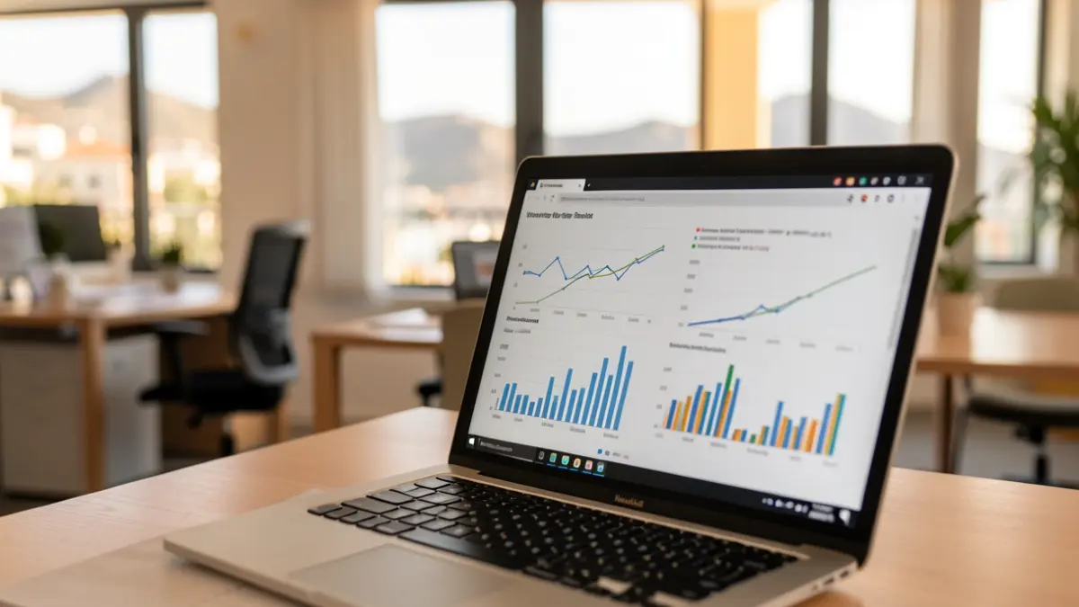 Image of a laptop showing graphs about teleworking in the Canary Islands.
