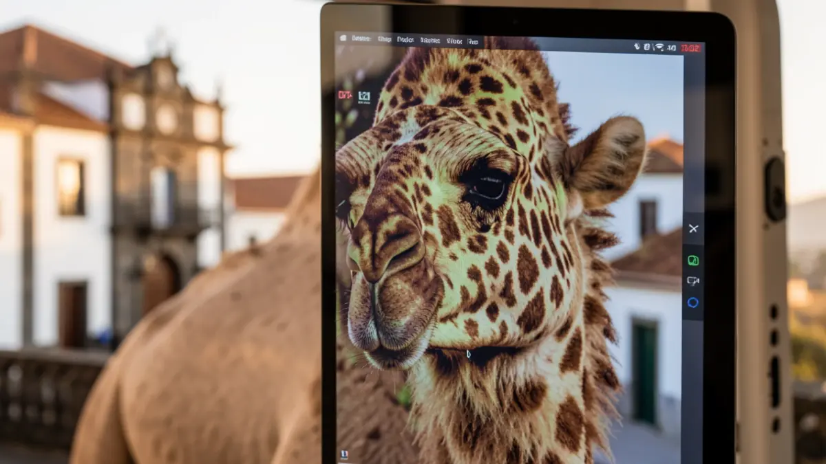 Genetic profile of a Canarian camel displayed on a digital screen with traditional Canarian architecture in the background.