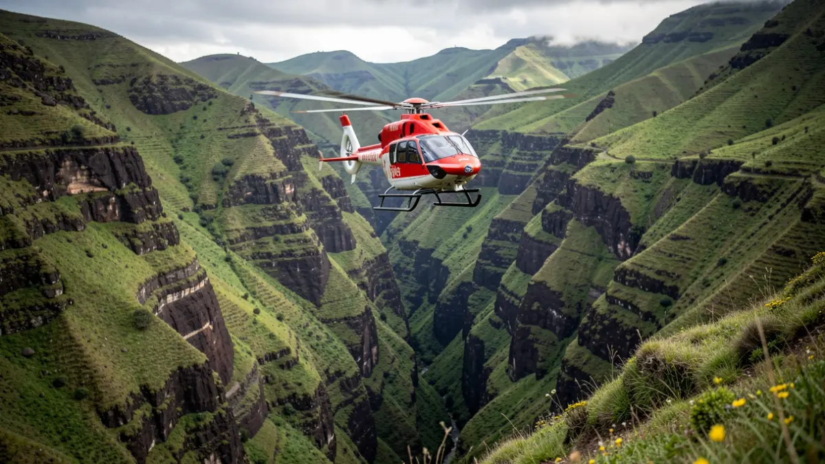 Rescue helicopter over a difficult-to-access ravine in Puntallana, La Palma.