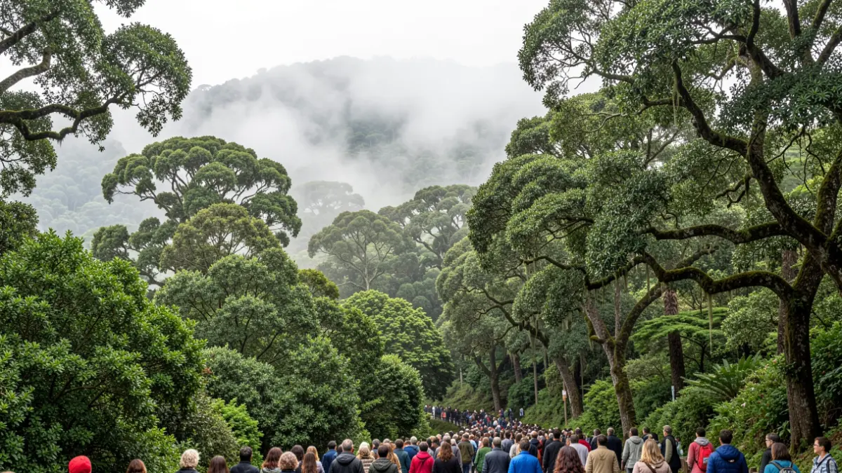 Paisaje del Parque Nacional de Garajonay en La Gomera, con bosque de laurisilva y niebla.