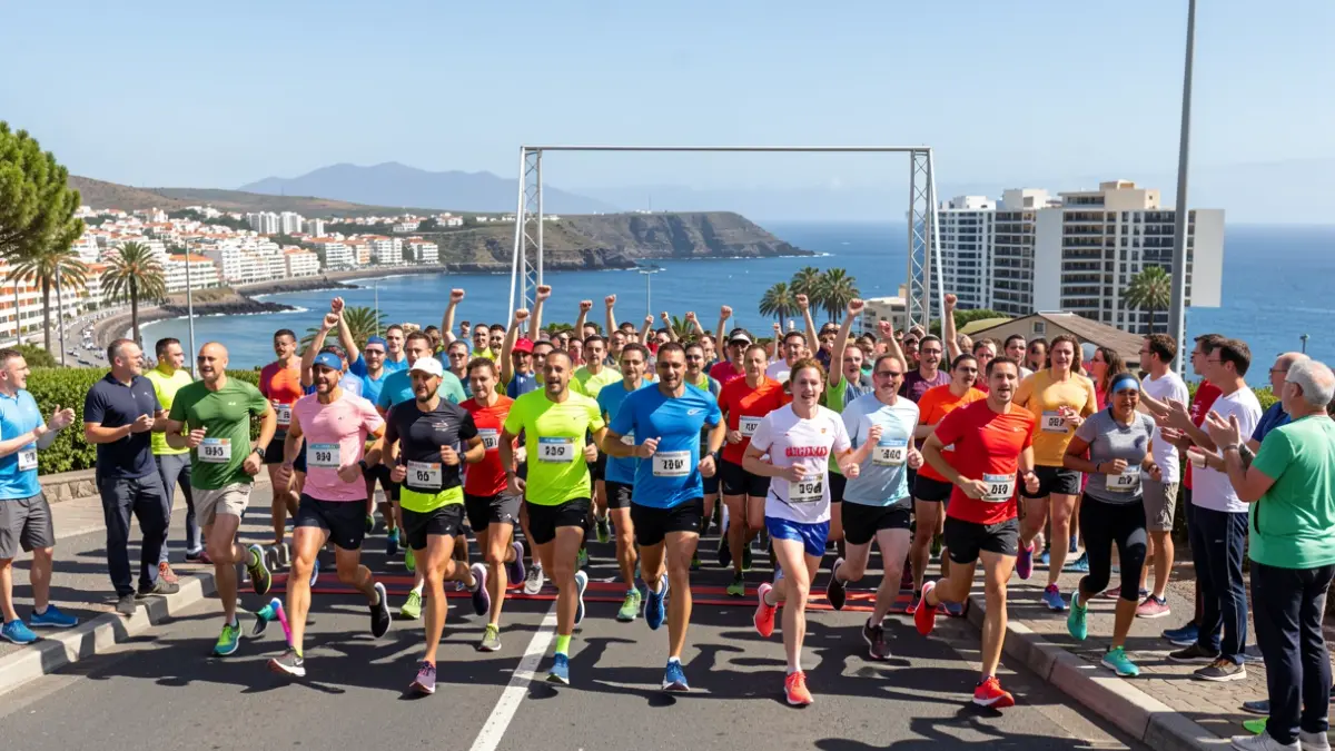 Generic image of runners celebrating at a finish line on the coast.