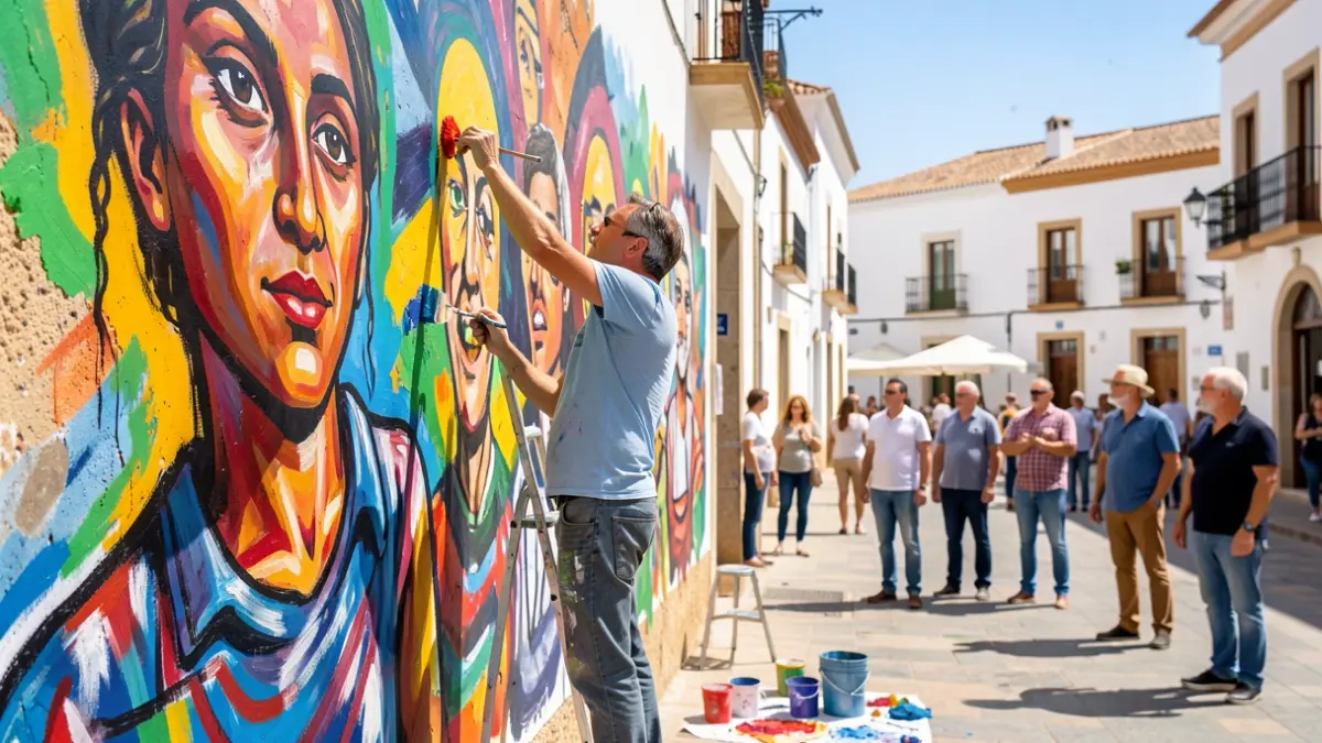 Imagen de un mural de arte urbano en proceso de creación en una plaza de Canarias, con gente observando.