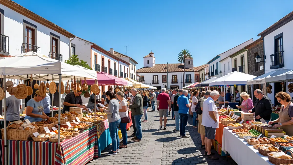 Image of an outdoor market in a La Gomera square with stalls of local products and people shopping.