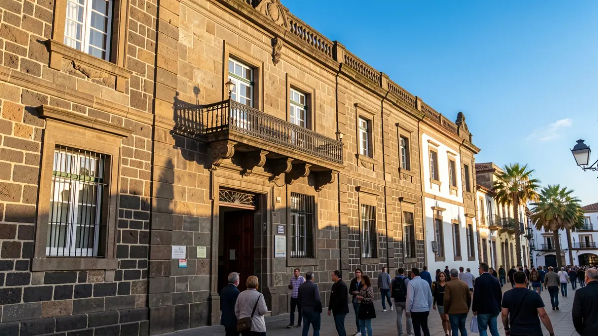 Facade of the Candelaria Town Hall, a traditional Canarian building with a balcony and afternoon light.
