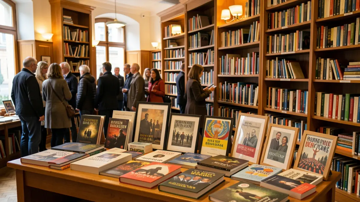 Imagen genérica de una exposición sobre la paz en una biblioteca.