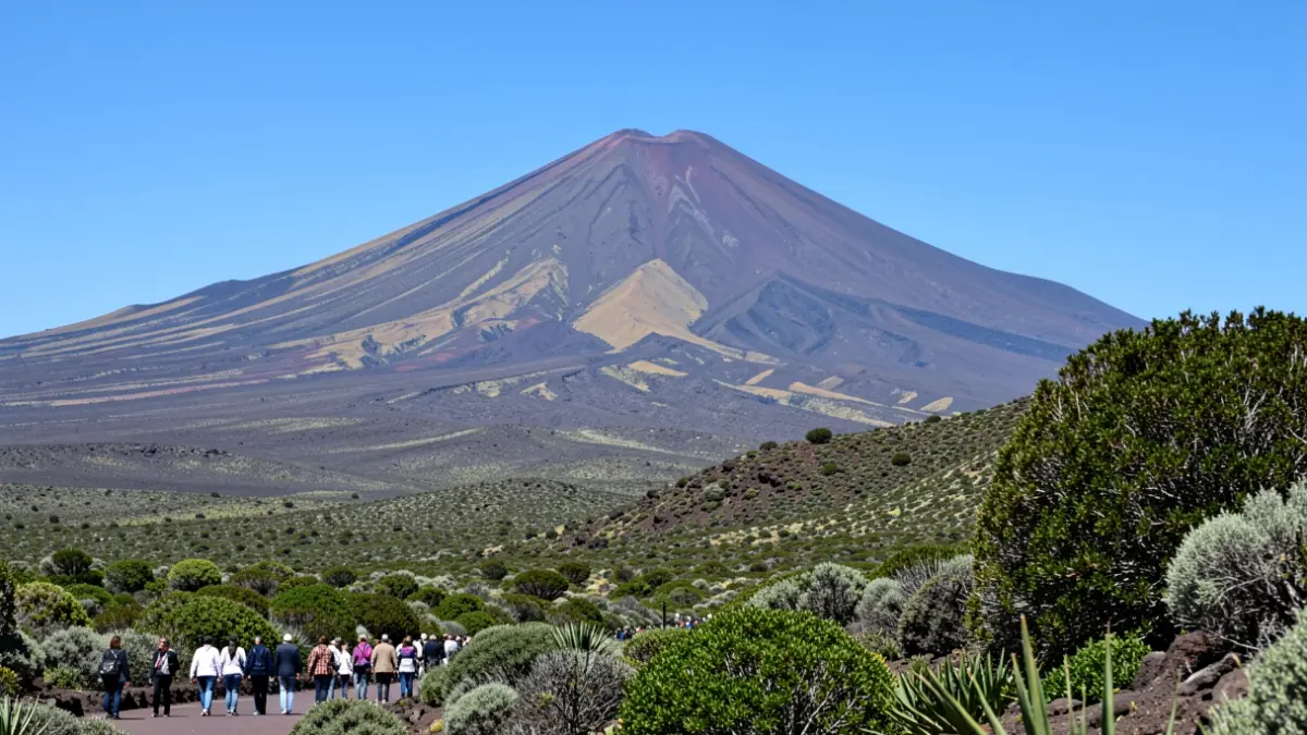 Volcanic landscape of Tenerife with Teide in the background and green vegetation.