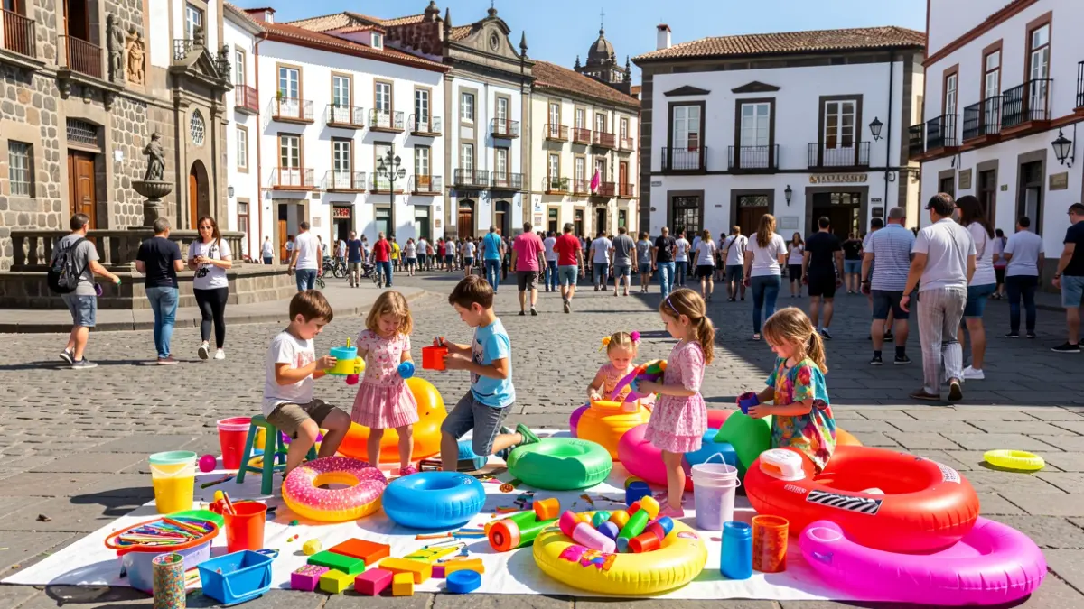 Children playing in a square during a family festival in El Pino, Teror.
