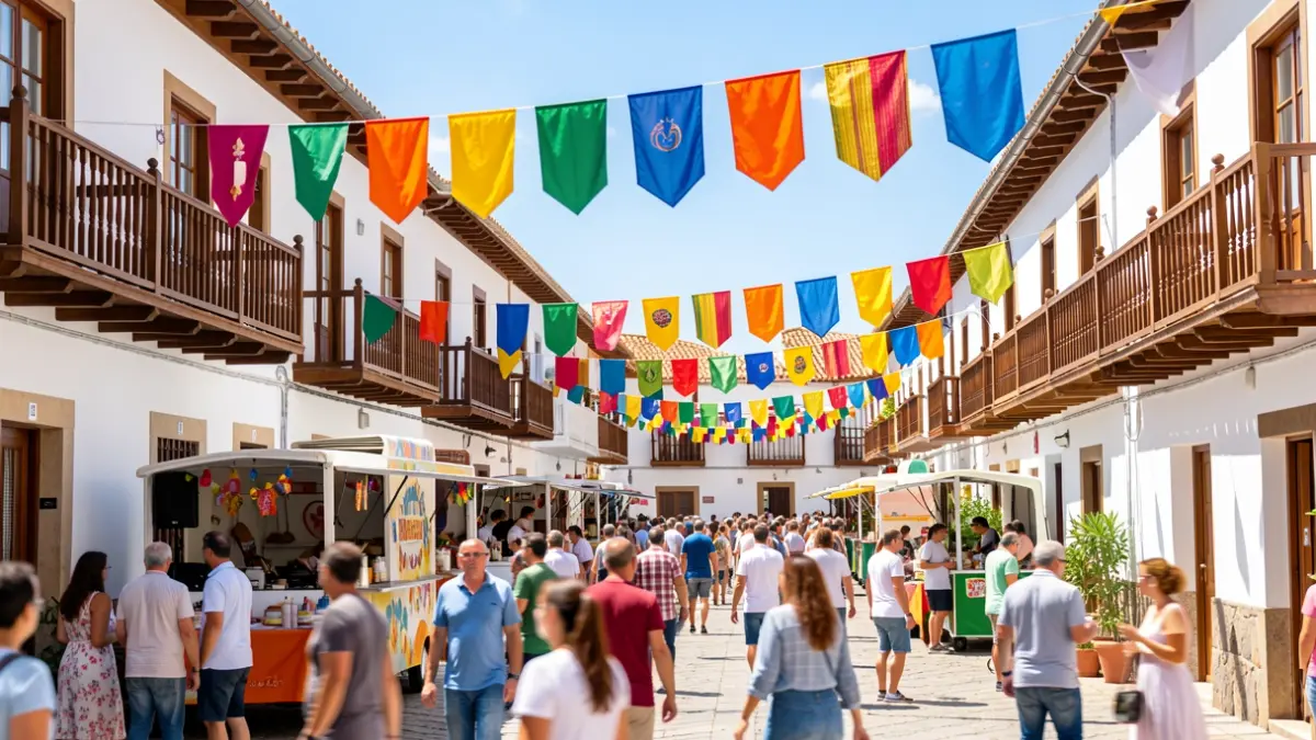 Generic image of a Canary Islands town square decorated for a local festival with people enjoying food trucks and music.