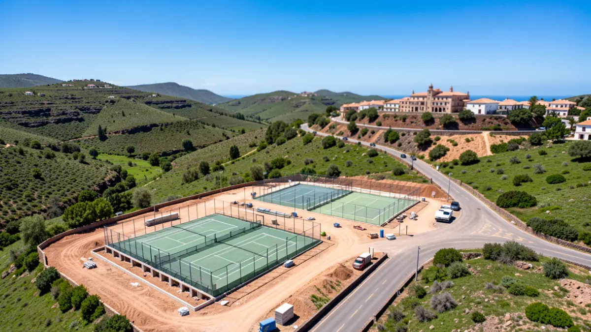 Vista aérea de las obras de construcción de una cancha deportiva y una pista de pádel en Firgas, Gran Canaria.