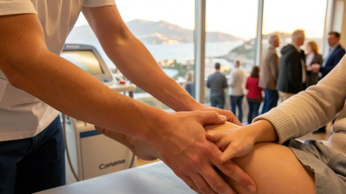 Close-up of a physiotherapist's hands treating a patient at the Doctor José Molina Orosa Hospital.