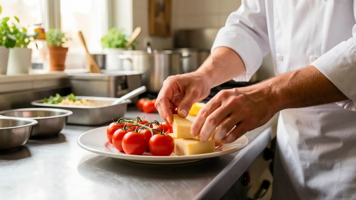Manos de chef preparando un plato con productos locales como queso y tomates.