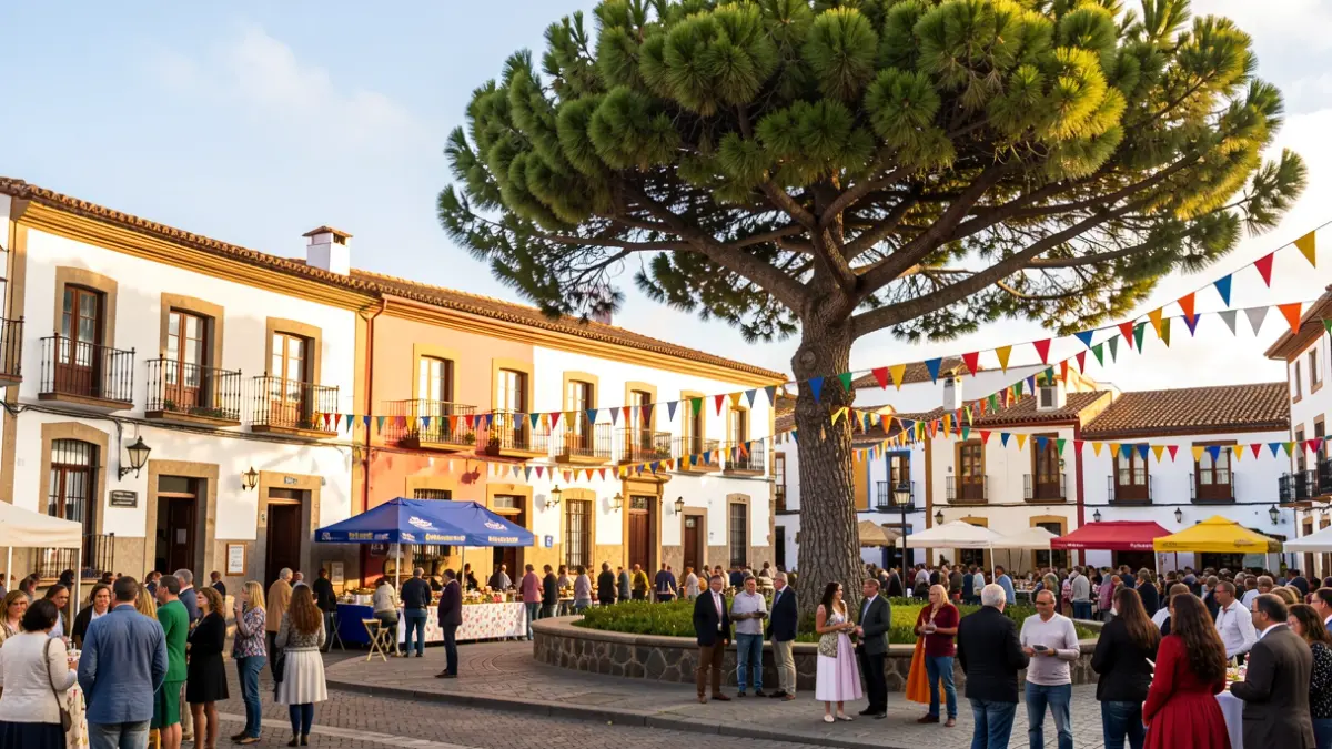 Generic image of a traditional Canarian festival with a pine tree and a decorated square.