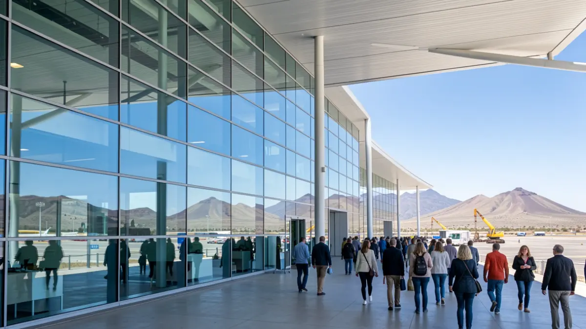 Generic image of a modern airport in Fuerteventura with volcanic landscape.