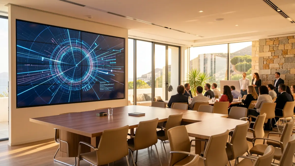 Generic image of a conference room with a screen displaying AI graphics.