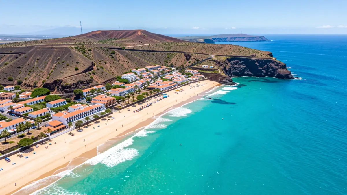 Aerial view of a volcanic island coastline with turquoise waters and sandy beaches, traditional Canarian architecture visible in a town, bright sunny day, vibrant colors.