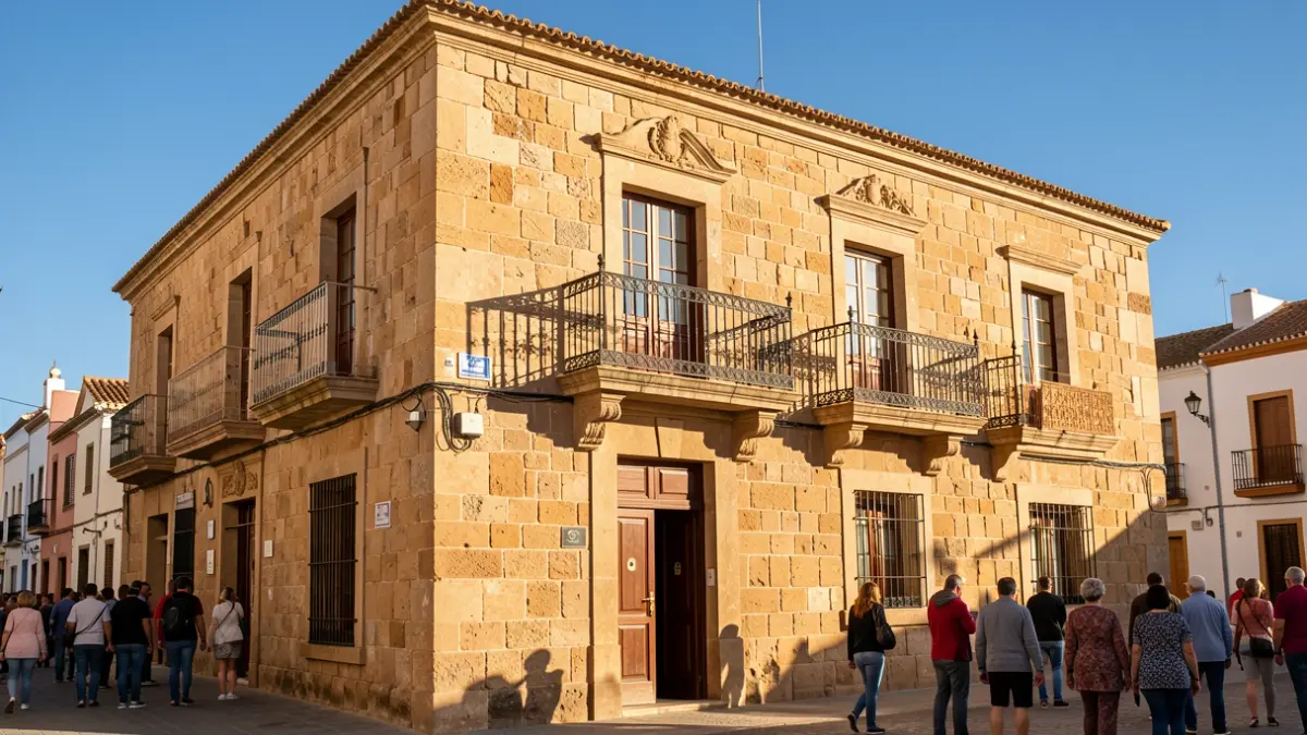 Facade of a Fuerteventura town hall with a balcony and iron railings, under the afternoon sun.