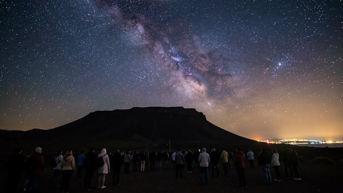 Starry night sky over the volcanic landscape of Fuerteventura.