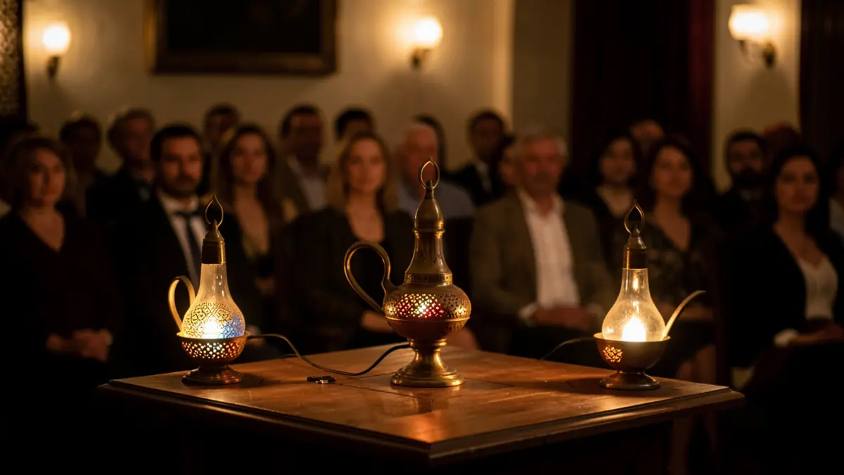Ambiente mágico de narración oral con candiles encendidos y público en penumbra.
