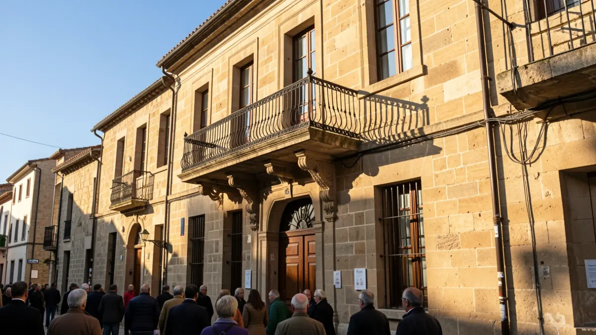 Fachada de un ayuntamiento tradicional de piedra con balcón ornamentado y barandillas de hierro, luz cálida de la tarde proyectando sombras sobre las paredes de arenisca, cielo azul.