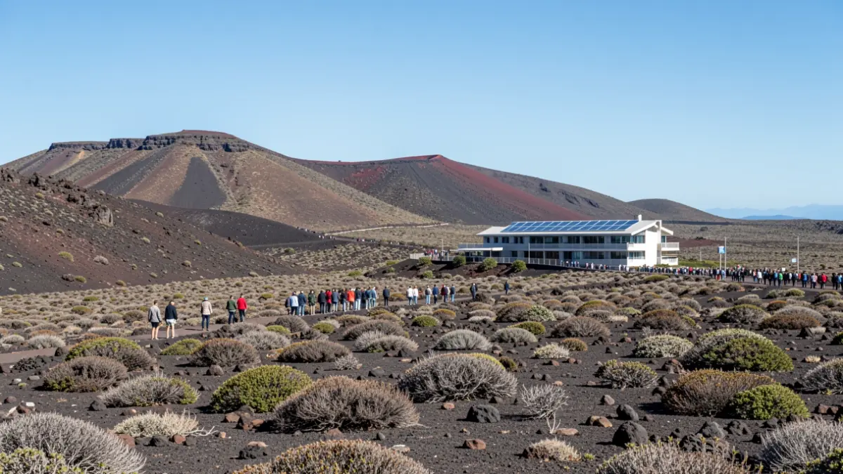 Imagen genérica de un edificio moderno con paneles solares en un paisaje volcánico de Canarias.
