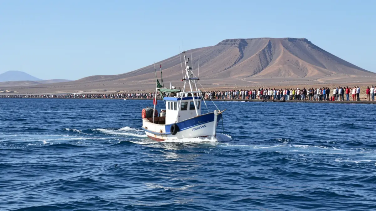 Barco de pesca artesanal frente a la costa volcánica de Fuerteventura.