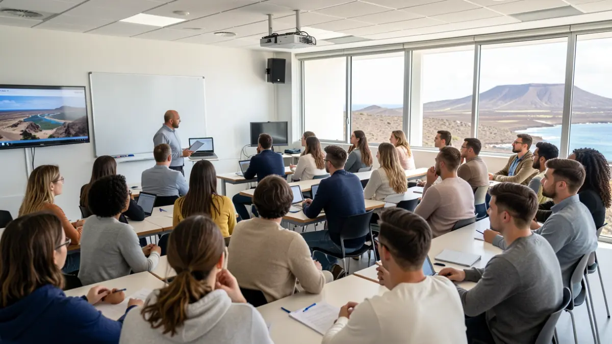 Imagen de un grupo de jóvenes y profesionales en una clase de audiovisual en Fuerteventura.