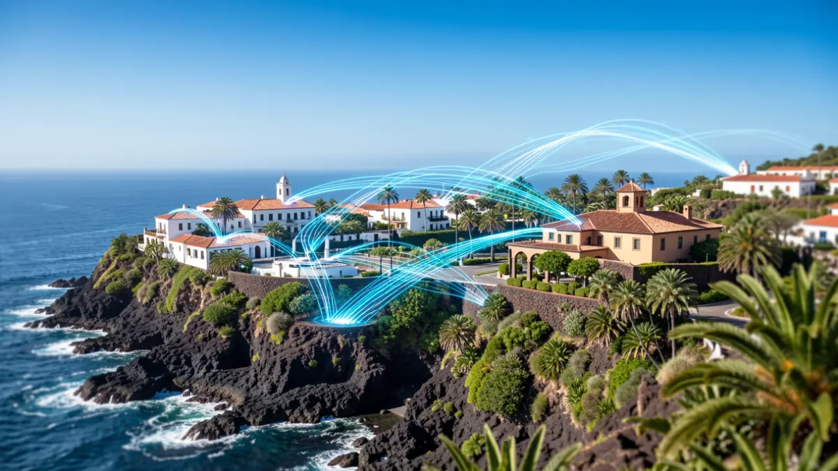 Abstract representation of smart city technology integrated into Fuerteventura's volcanic landscape, featuring Canarian architecture and vegetation.