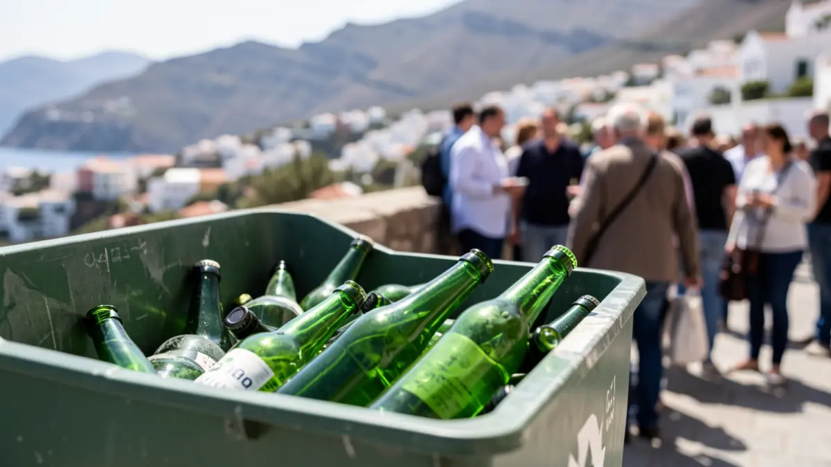 Imagen de botellas de vidrio verde siendo depositadas en un contenedor de reciclaje.