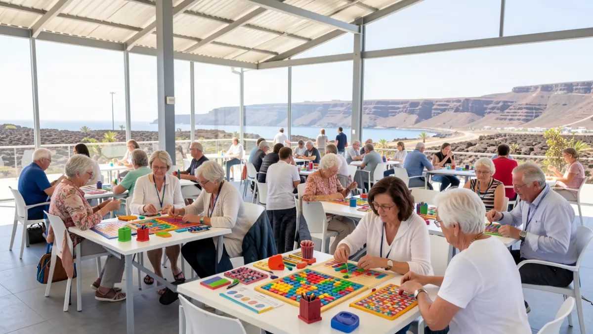 Image of the 'Carrera de Letras' competition for seniors in Fuerteventura, showing participants solving mental agility tests in a municipal pavilion.