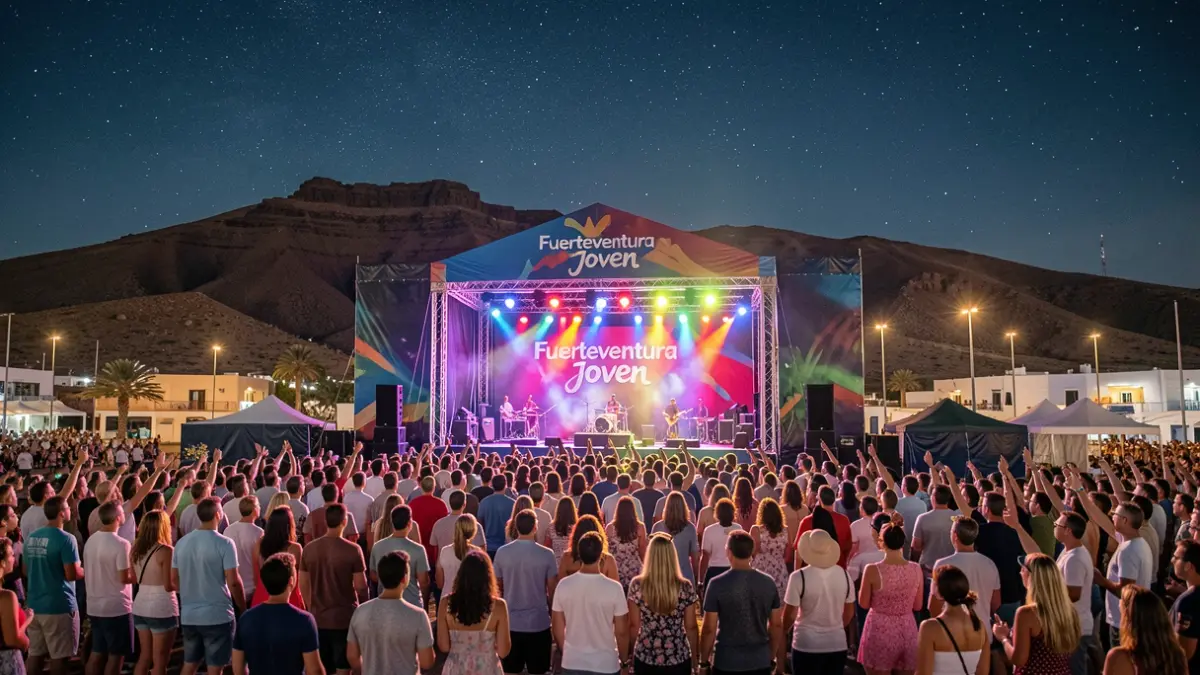 Night scene of an outdoor music festival in Puerto del Rosario, Fuerteventura, with vibrant lights and the event logo.
