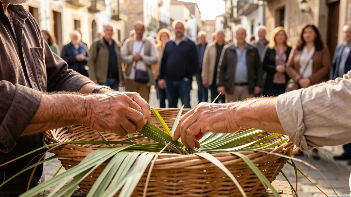 Canarian artisan weaving a palm basket in a workshop.