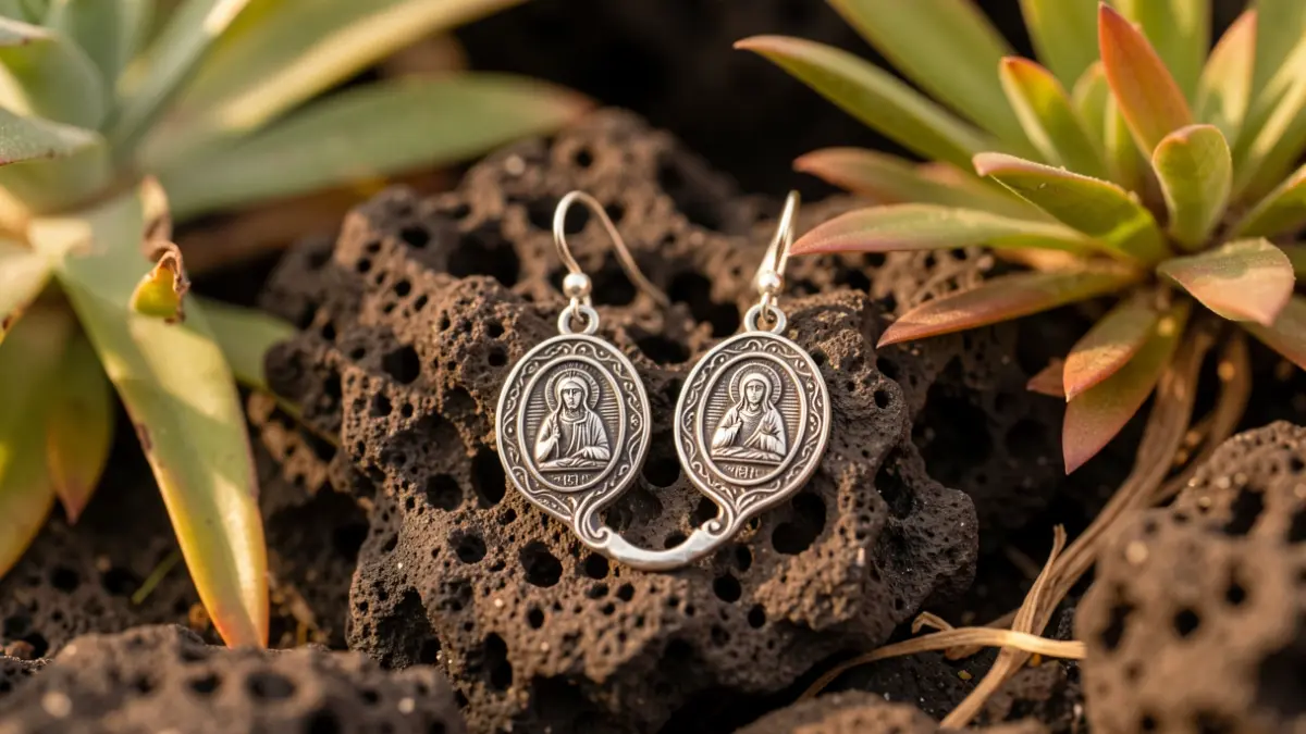 Close-up of artisanal silver earrings and a pendant inspired by the image of the Virgen de la Peña, against a backdrop of volcanic rocks and Fuerteventura vegetation.