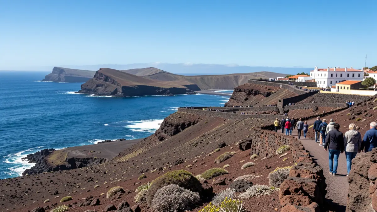 Fuerteventura landscape with traditional architectural elements and blue sky.