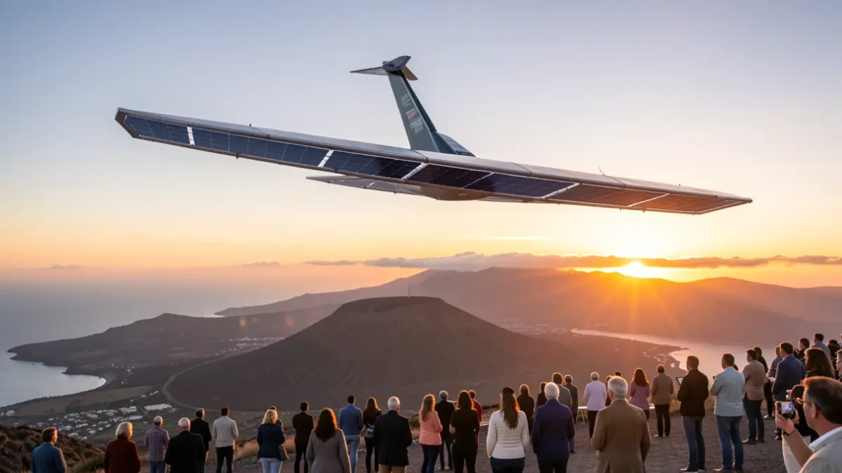 A solar pseudo-satellite flies over Fuerteventura at sunset.