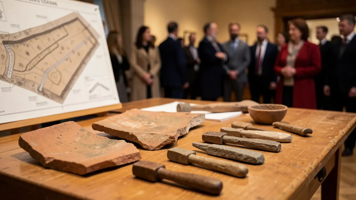 Primer pla de fragments de ceràmica antiga i eines de pedra sobre una taula de fusta, amb plànols d'excavació arqueològica desenfocats al fons.