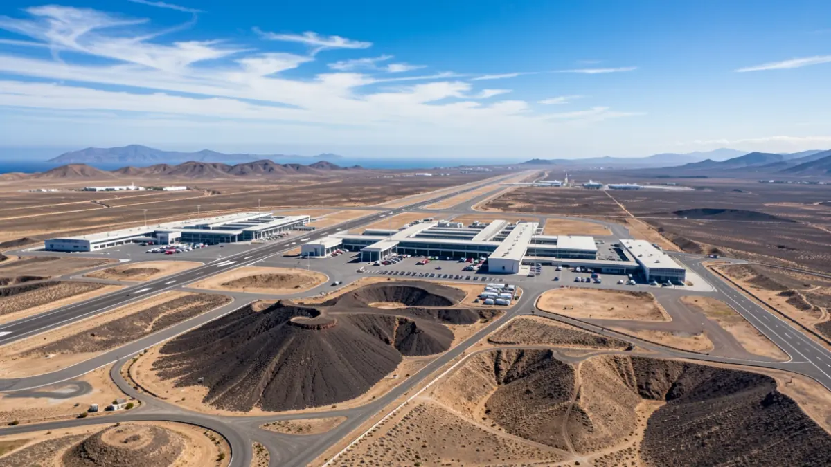 Aerial view of Fuerteventura Airport with modern terminal and runways in an arid Canarian landscape.