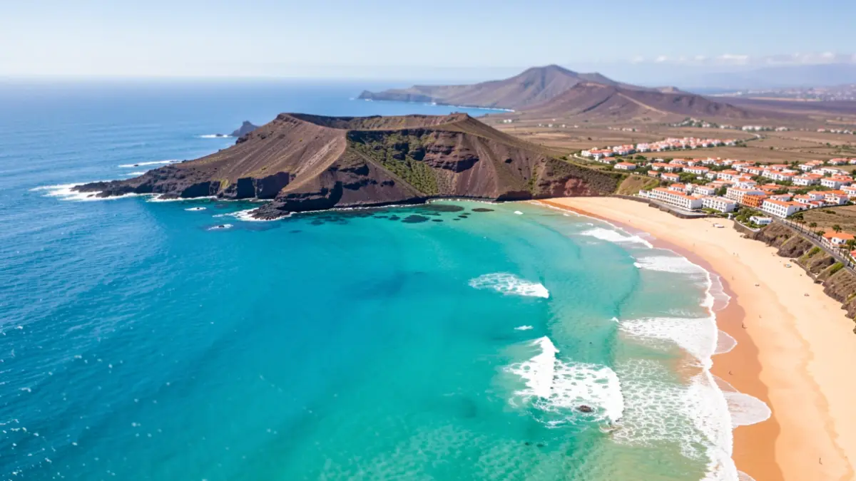 Vista aérea de la costa de una isla volcánica con aguas turquesas y playas de arena, arquitectura canaria tradicional visible a lo lejos.