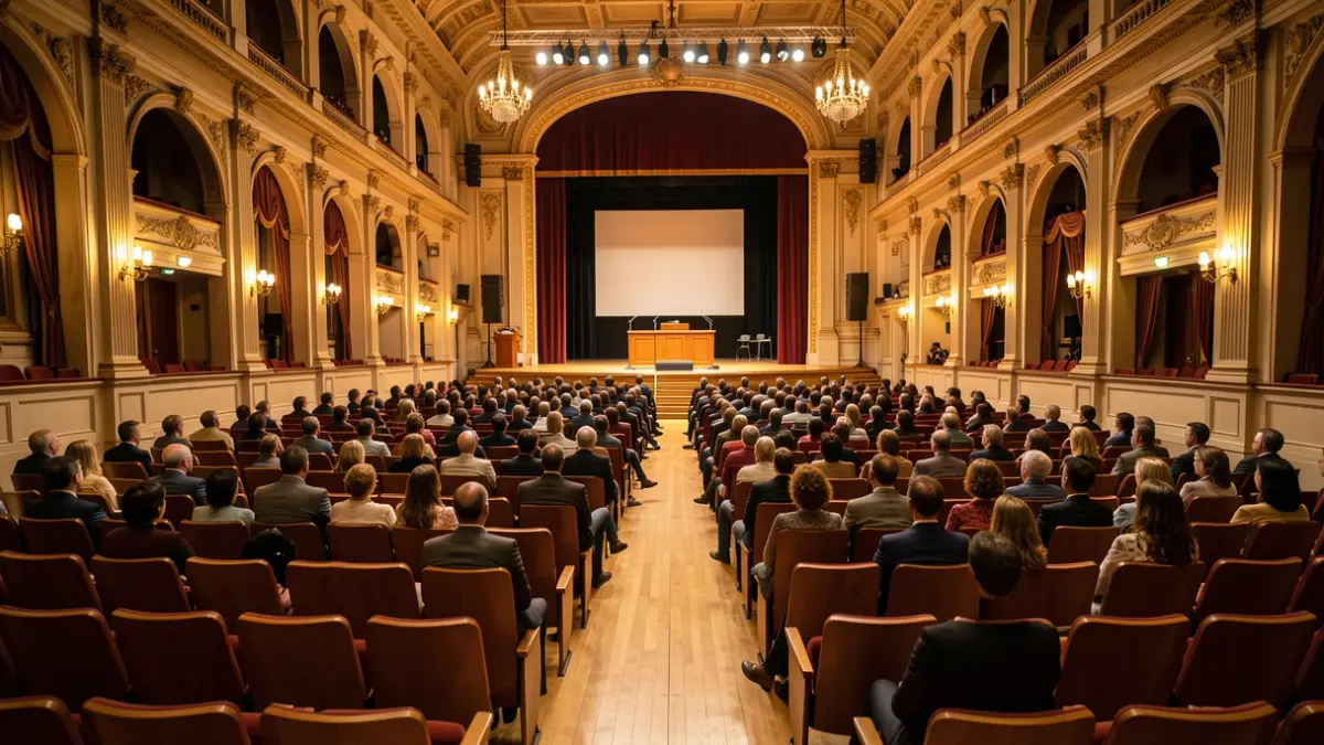 Generic image of an empty concert hall with a stage.