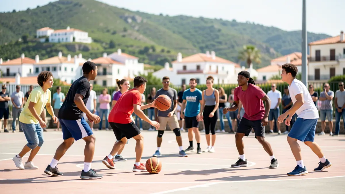 Adolescentes de diversas capacidades jugando al baloncesto en una escuela inclusiva en La Laguna, Tenerife.