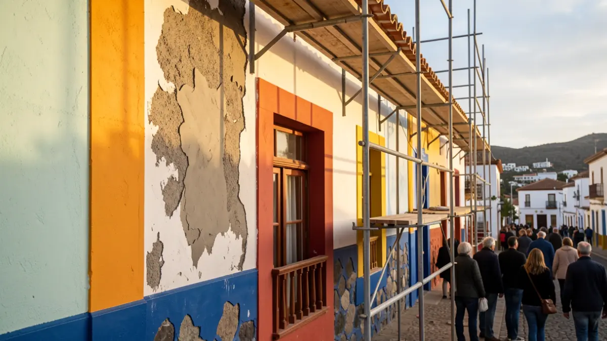 Fachada de una casa tradicional canaria en Gáldar en proceso de renovación.