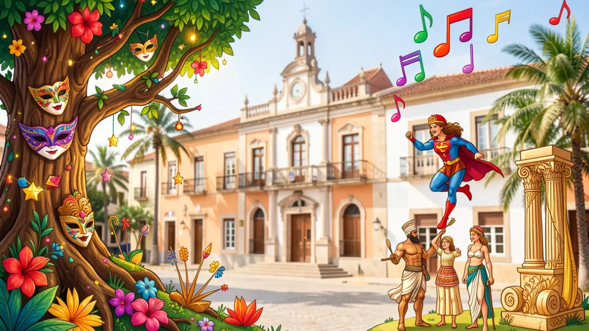 Ilustración genérica de temas de carnaval: bosque encantado, máscaras venecianas, notas musicales, superhéroes, antigua Grecia y Hawái.