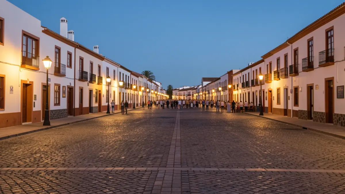 Plaza del pueblo de Gáldar al atardecer con arquitectura canaria.