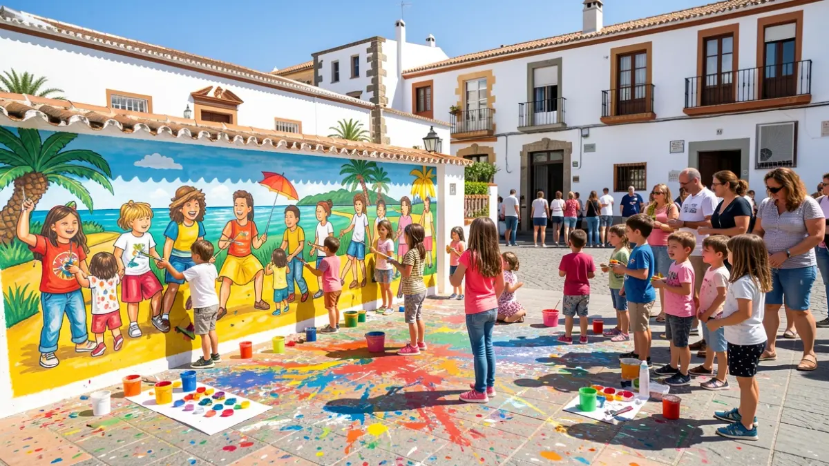 Niños y familias pintando un mural vecinal en la Plaza de Marmolejos, Gáldar.