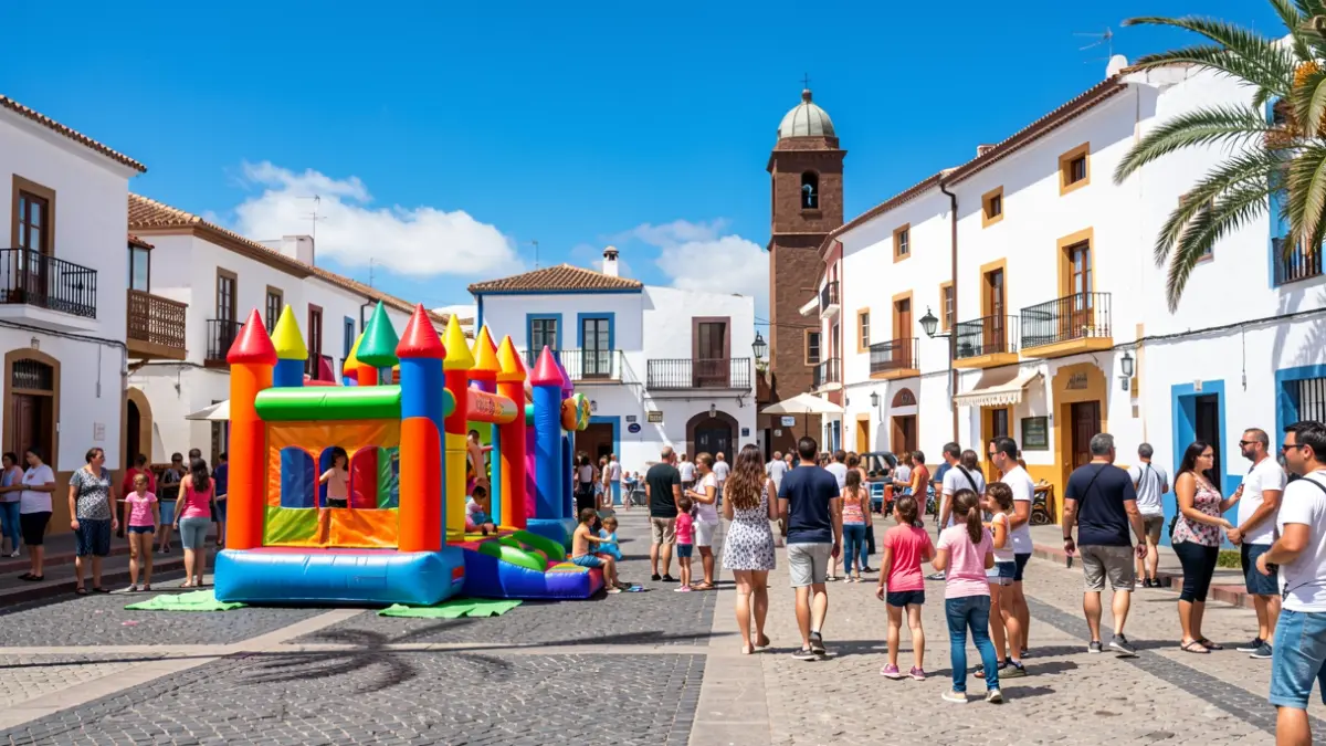 Imagen genérica de una plaza de pueblo canario con castillos hinchables para niños y familias.