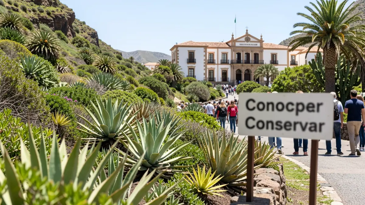 Imagen de la campaña 'Conocer para Conservar' en Gáldar, Gran Canaria, con flora endémica y el Ayuntamiento.