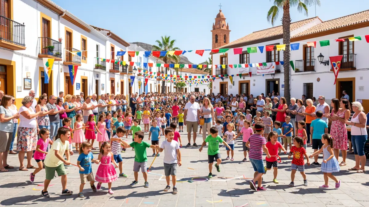 Niños y familias participando en juegos tradicionales en la Plaza de San Isidro de Gáldar.
